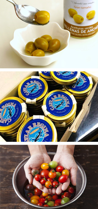 グリーンオリーブ、キャビア、フレッシュトマト